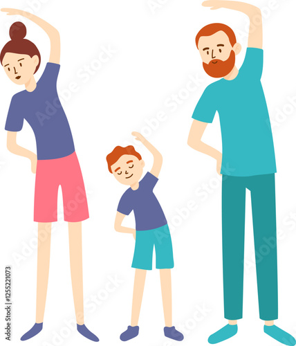 Mother, father, and son stretching together while standing and smiling, exemplifying a healthy lifestyle and enjoying a family workout in a supportive and active environment