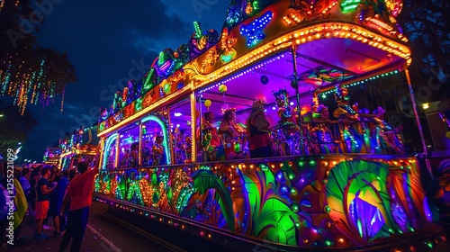 Vibrant Illuminated Mardi Gras Float Night Parade Festive Colorful Celebration New Orleans Louisiana Bright Lights Sparkling Design Nighttime         