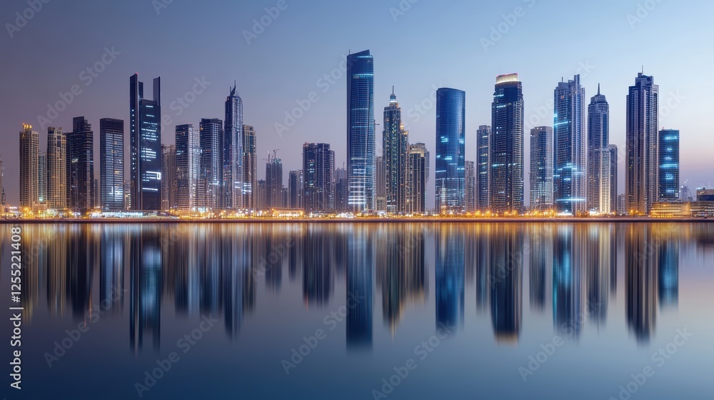 Fototapeta premium City skyline at dusk showcasing modern architecture, waterfront reflections, urban development, and vibrant lights in a metropolitan area by the river.