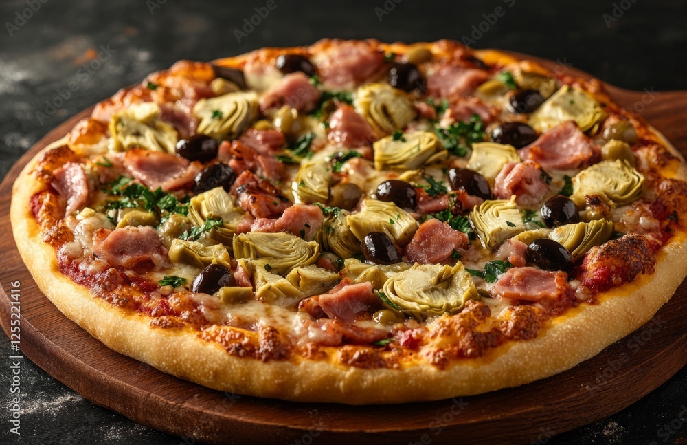 Delicious pizza with artichoke, ham, and olives on dark background Delicious pizza with artichoke, ham, and olives on dark background