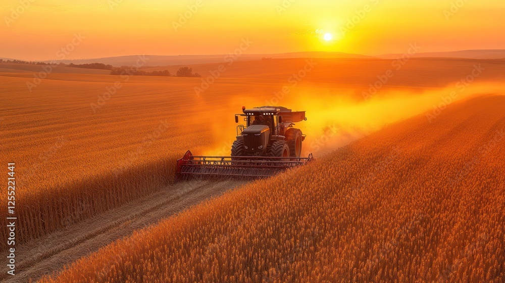 Fototapeta premium Tractor harvesting wheat field at sunset.