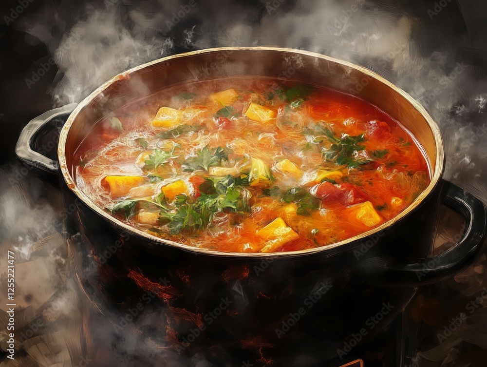 Cooking a hearty vegetable stew in a dark pot on a stove. Generative AI Cooking a hearty vegetable stew in a dark pot on a stove. Generative AI