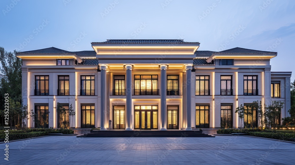 Obraz premium Elegant Mansion Exterior at Dusk with Lush Landscaping