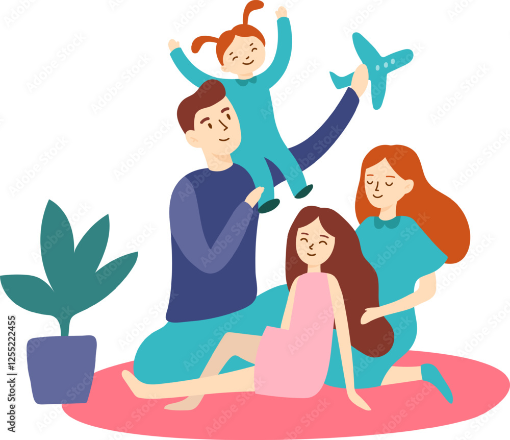 Parents engaging in playful activities with their daughters, lifting the youngest while holding a toy airplane, all while sitting together on a cozy rug indoors Parents engaging in playful activities with their daughters, lifting the youngest while holding a toy airplane, all while sitting together on a cozy rug indoors