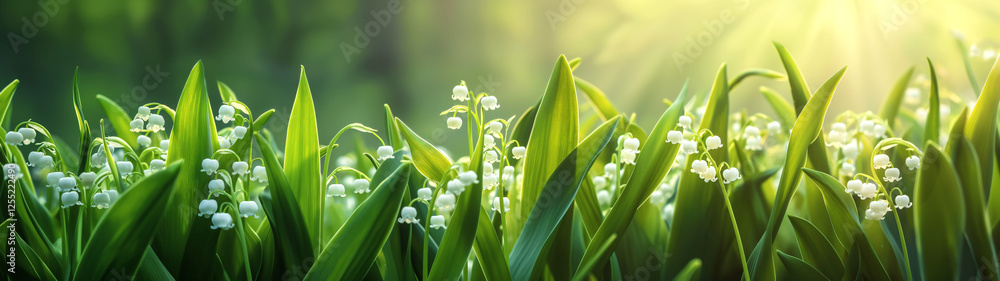 Obraz premium Serene lily of the valley flowers bathed in warm sunlight, perfect for nature, gardening, and spring-themed designs