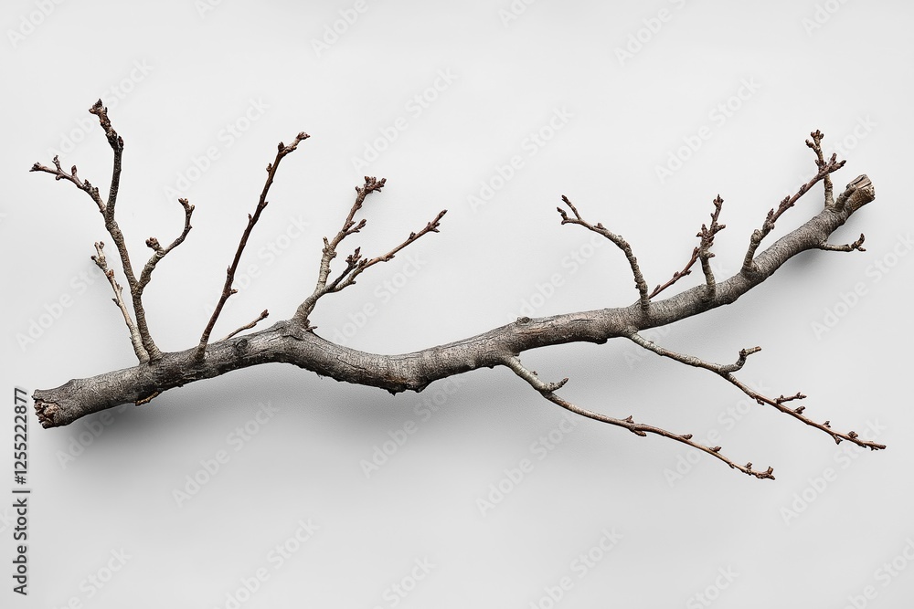 Bare tree branch showing new growth on white background Bare tree branch showing new growth on white background