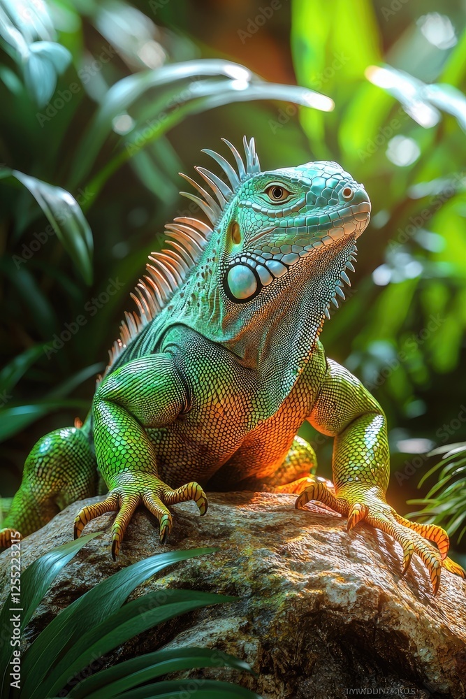 Fototapeta premium Green Iguana Basking on Rock Amid Lush Tropical Foliage