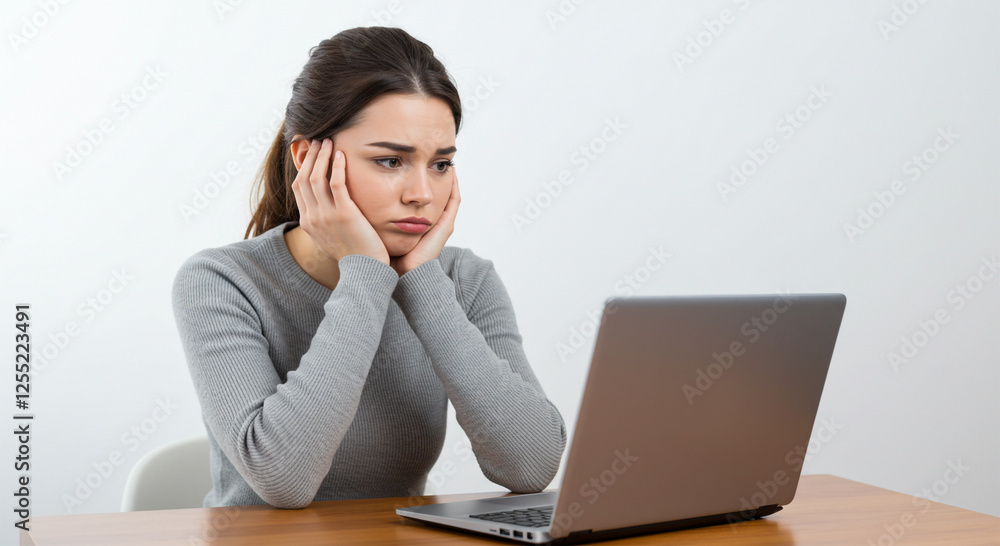 A young woman at a desk, leaning on her hands with her chin resting on them, staring at a laptop screen with a troubled expression A young woman at a desk, leaning on her hands with her chin resting on them, staring at a laptop screen with a troubled expression