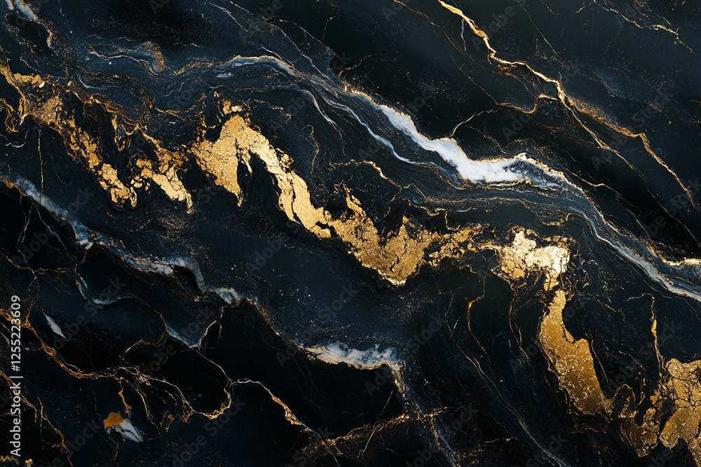 Glossy dark marble surface with gold and white veins Glossy dark marble surface with gold and white veins