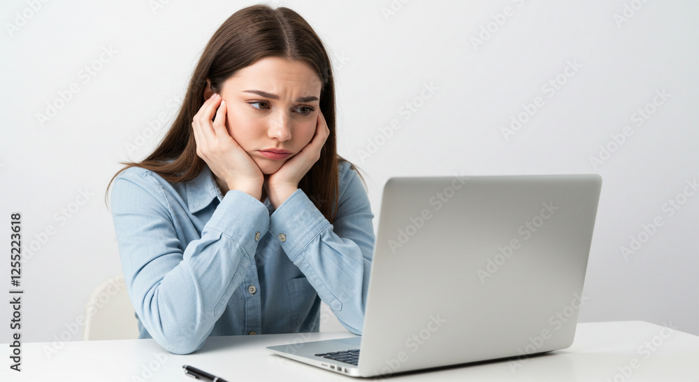 A young woman at a desk, leaning on her hands with her chin resting on them, staring at a laptop screen with a troubled expression A young woman at a desk, leaning on her hands with her chin resting on them, staring at a laptop screen with a troubled expression