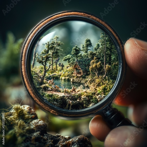 Miniature world with fishermen, wooden cabin, trees, and lake seen through magnifying glass photo