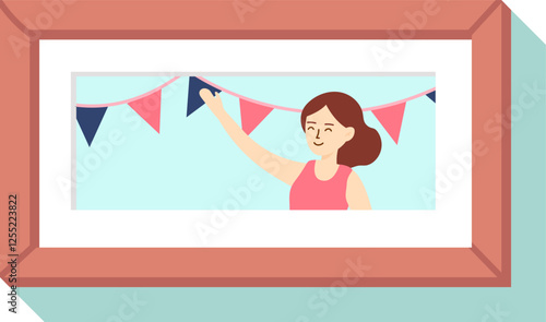 Event organizer preparing vibrant decorations, hanging colorful triangle flags on a string within a picture frame, creating a festive atmosphere for an upcoming celebration