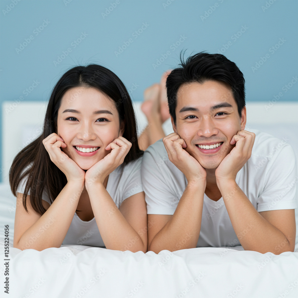 A cheerful couple with expressive eyes and glowing skin, lying on their stomachs on a crisp white bedspread A cheerful couple with expressive eyes and glowing skin, lying on their stomachs on a crisp white bedspread