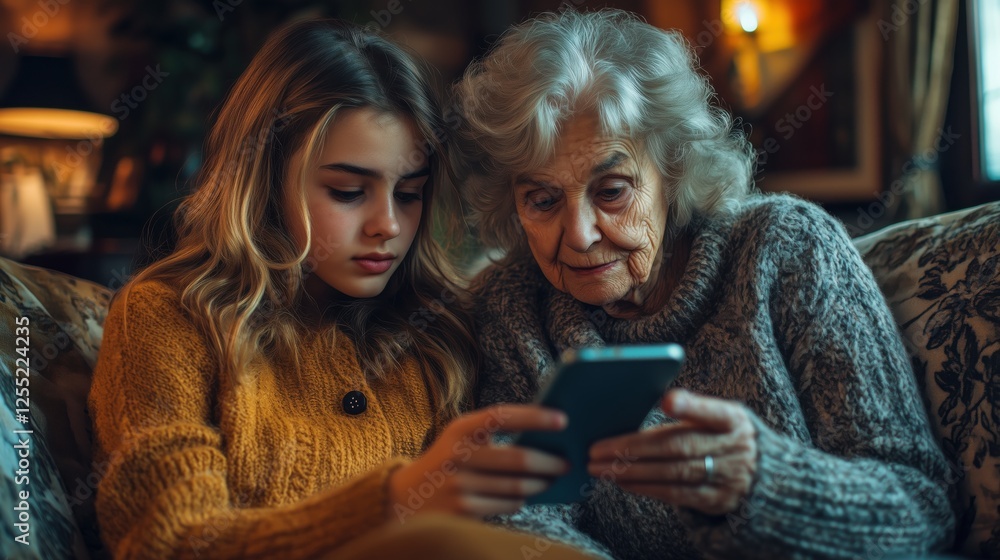 Fototapeta premium Granddaughter showing grandmother how to use a smartphone, helping her learn new technologies
