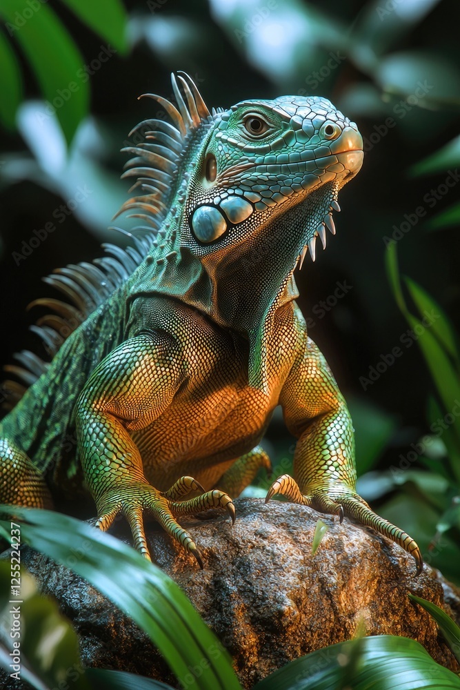 Obraz premium Green Iguana Perched Upon a Rock in Lush Foliage