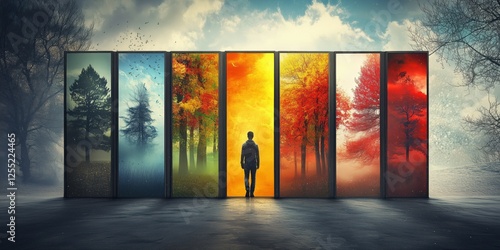 Man standing in front of seven door-shaped portals depicting different seasons, choosing which one to enter