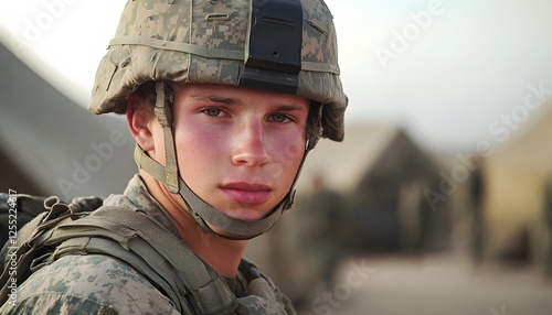 A young handsome soldier wearing military camouflage uniform and helmet