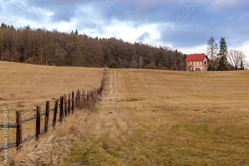 Obraz na płótnie House on the edge of the forest. Early spring. Czechia. w salonie
