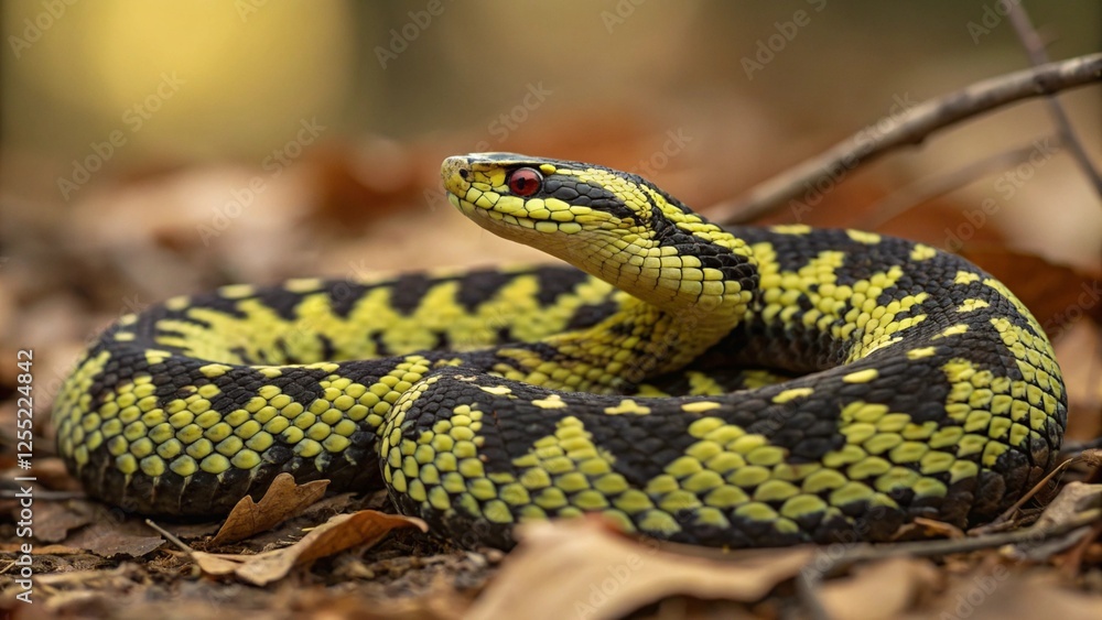 Fototapeta premium Yellow and black patterned viper snake resting on leaves