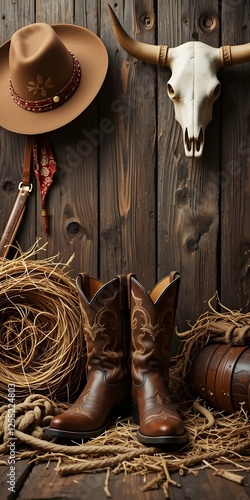background wallpaper poster image of a country and western scene featuring old distressed wood, cow bull skull, hay, cowboy boots, cowboy hat, wild west, vintage western, horse gear, western lifestyle
