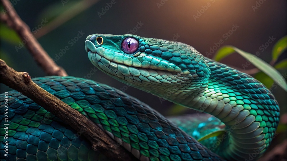 Fototapeta premium Green and blue snake resting on a branch