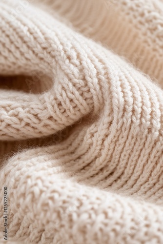 The softness of a beige knitted fabric is highlighted through a close-up view, revealing delicate stitches and organic textures that exude a contemporary and minimalist aesthetic