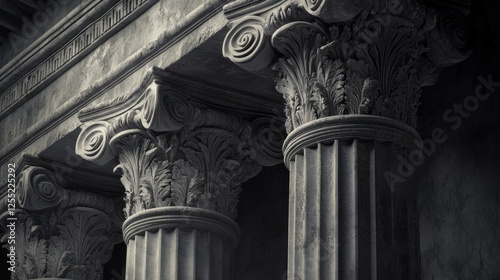 Ancient stone columns, intricate carvings, historical building facade, close-up architectural detail photo