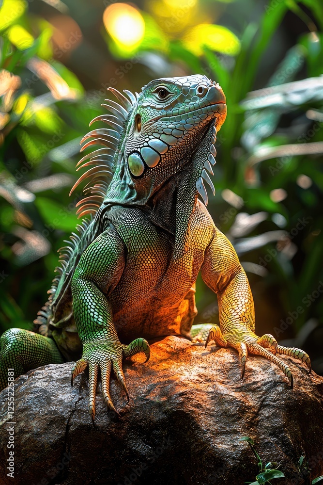 Fototapeta premium Green Iguana Lizard Posing on Rock in Lush Setting