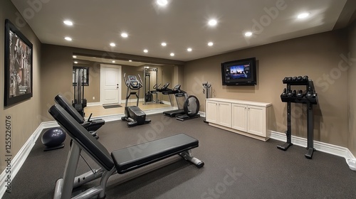 Home basement gym workout fitness equipment interior design