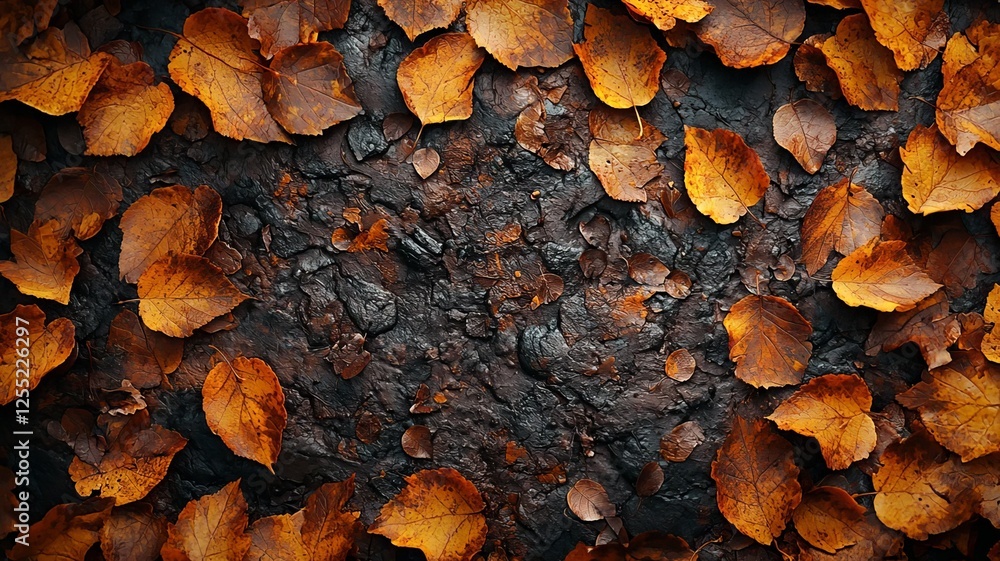 Autumn Leaves on Dark Soil: A serene top-down view showcasing vibrant orange leaves scattered on rich, textured earth, perfect for seasonal themes and nature projects. Autumn Leaves on Dark Soil: A serene top-down view showcasing vibrant orange leaves scattered on rich, textured earth, perfect for seasonal themes and nature projects.