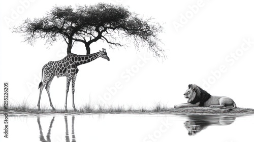 Black and White Giraffe and Lion in African Savanna photo