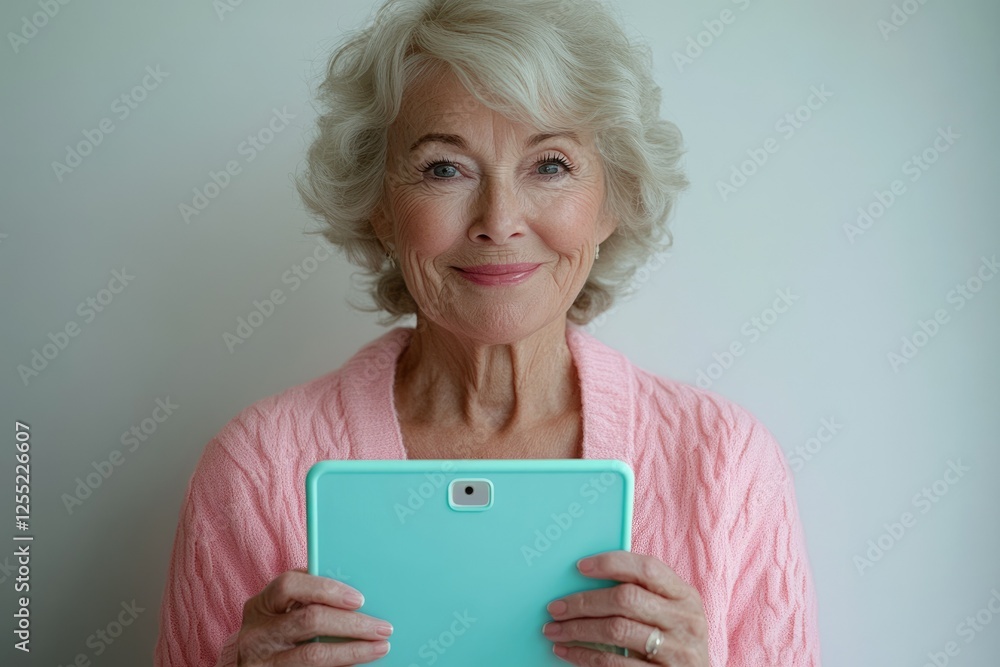 A smiling senior woman happily holds a light teal tablet, showcasing technology accessibility for older adults. A smiling senior woman happily holds a light teal tablet, showcasing technology accessibility for older adults.