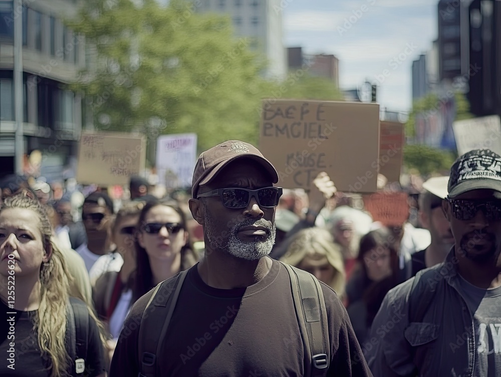 Diverse crowd marching in a protest demonstrating for a social cause Diverse crowd marching in a protest demonstrating for a social cause