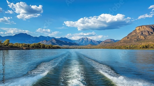 Scenic boat excursion with views of distant mountain ranges photo