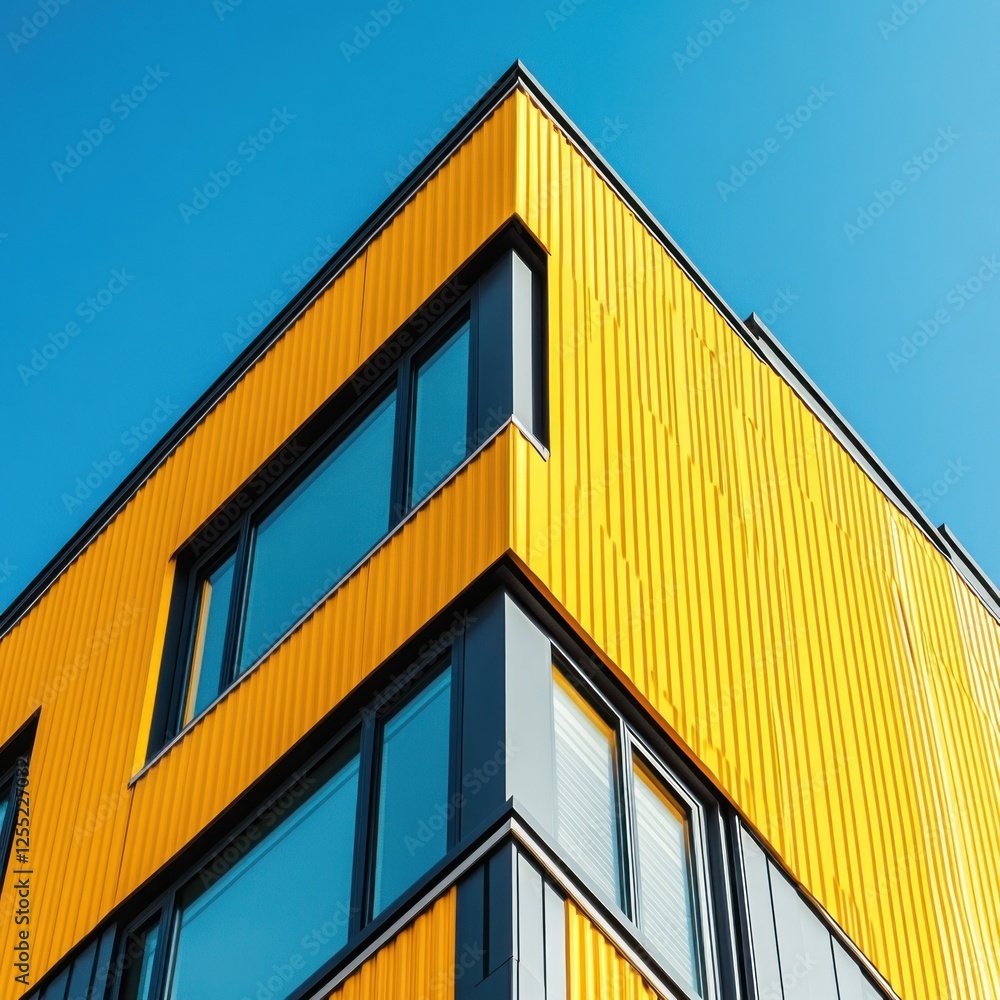 Modern yellow building, city corner, blue sky, architectural design, real estate Modern yellow building, city corner, blue sky, architectural design, real estate