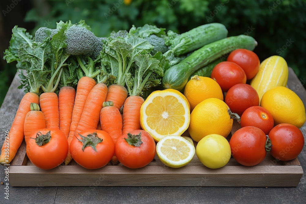 Freshly picked vegetables and fruits promoting healthy eating Freshly picked vegetables and fruits promoting healthy eating