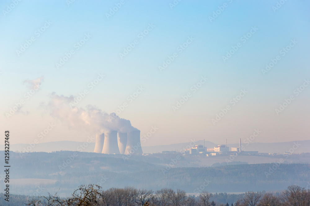 Temelin Nuclear Power Plant in Czechia. Cold winter morning