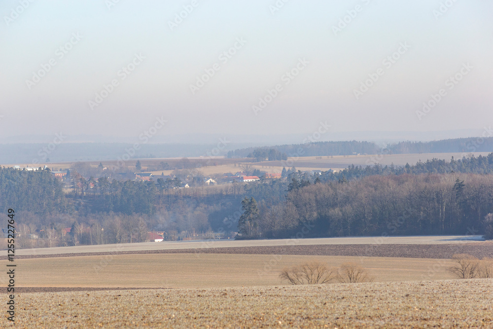 Rural landscape on a cold winter morning. South Bohemia, Czechia