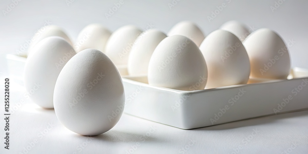 Close-up of pristine white ceramic eggs, nestled in a box, a minimalist Easter still life against a pure white backdrop. Close-up of pristine white ceramic eggs, nestled in a box, a minimalist Easter still life against a pure white backdrop.