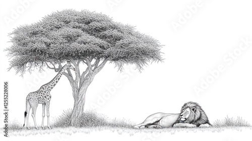 Giraffe and Lion Under Acacia Tree photo