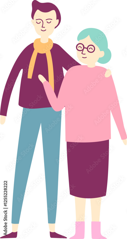 Cartoon illustration of a young male caregiver embracing an elderly woman, providing comfort, assistance, and companionship in a heartwarming depiction of intergenerational bonding Cartoon illustration of a young male caregiver embracing an elderly woman, providing comfort, assistance, and companionship in a heartwarming depiction of intergenerational bonding