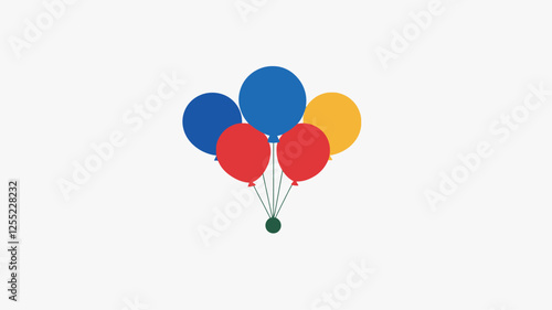 The image presents a minimalist illustration of five balloons arranged in a cluster against a plain white background. The balloons are solid colors: two red, one blue, one yellow, and one dark blue.