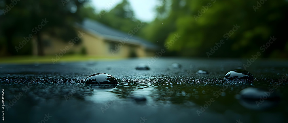 Fototapeta premium Rain drops on asphalt, house background