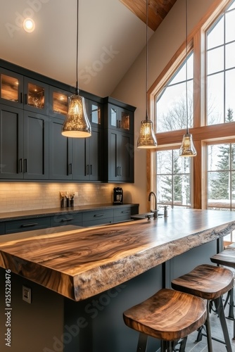 Wallpaper Mural Cozy kitchen interior with rustic wood island, modern cabinetry, and large windows offering natural light. Perfect for culinary activities and family gatherings. Torontodigital.ca