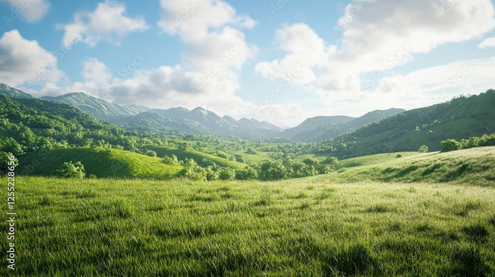 Serene natural landscapes with vibrant green hills and open meadows Serene natural landscapes with vibrant green hills and open meadows