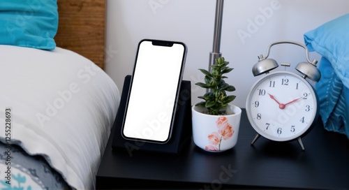 A phone with an alarm clock and a houseplant next to the bed