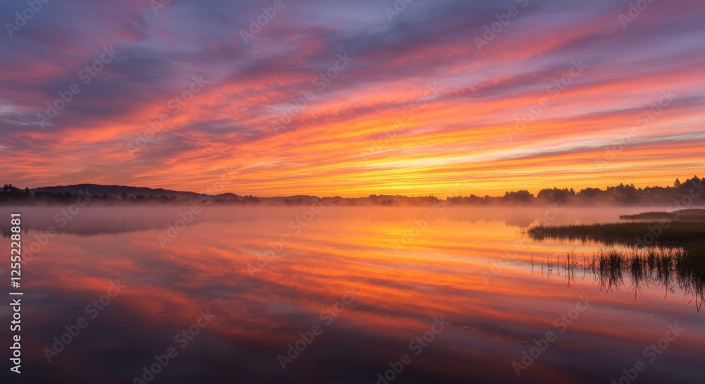 Obraz premium Reflecting Lake Water at Sunrise with Vibrant Colors and Tranquil Mood