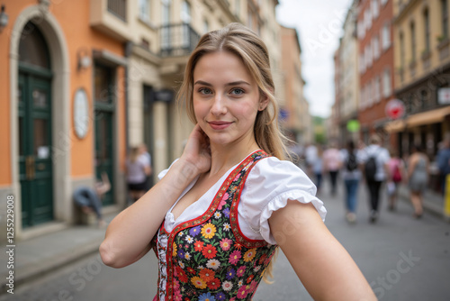 A sweet young German woman dressed in traditional Dirndl costume, taking a photo, selfie, in the city streets. A girl in Germany's cultural folk dress. Concept on European custom, culture, tradition. photo