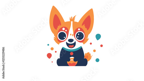 A digital illustration depicting a stylized cartoon puppy. The puppy is rendered in a flat design style with bold, saturated colors, primarily orange, white, and navy blue.  It features large,