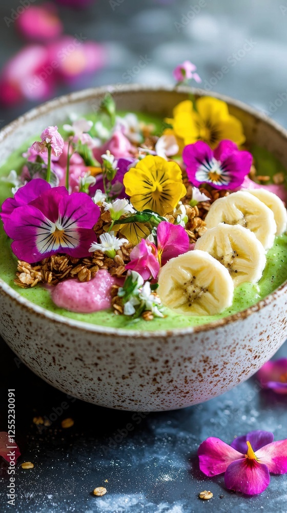 Smoothie bowl with banana granola and edible flowers Smoothie bowl with banana granola and edible flowers